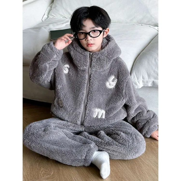 范哲萨男童秋冬款珊瑚绒睡衣套装2025新款冬季加厚儿童法兰绒连帽