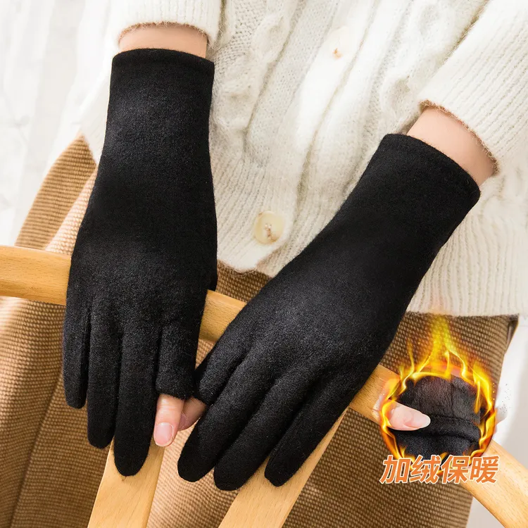 手套女秋冬季保暖防寒百搭素色露两指羊毛手套骑行防风女士手套