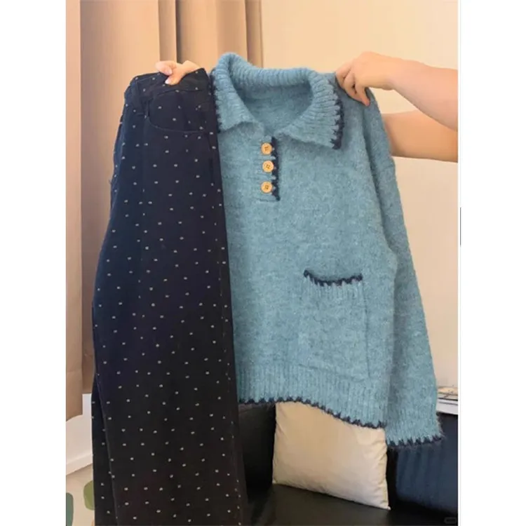 秋季韩系穿搭一整套女2025新款慵懒风宽松毛衣波点阔腿裤两件套装