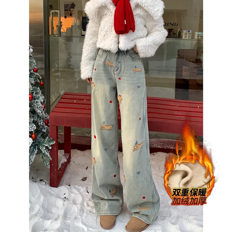卡通腊肠狗刺绣加绒阔腿牛仔裤女2025冬季新款高腰显瘦垂感拖地裤