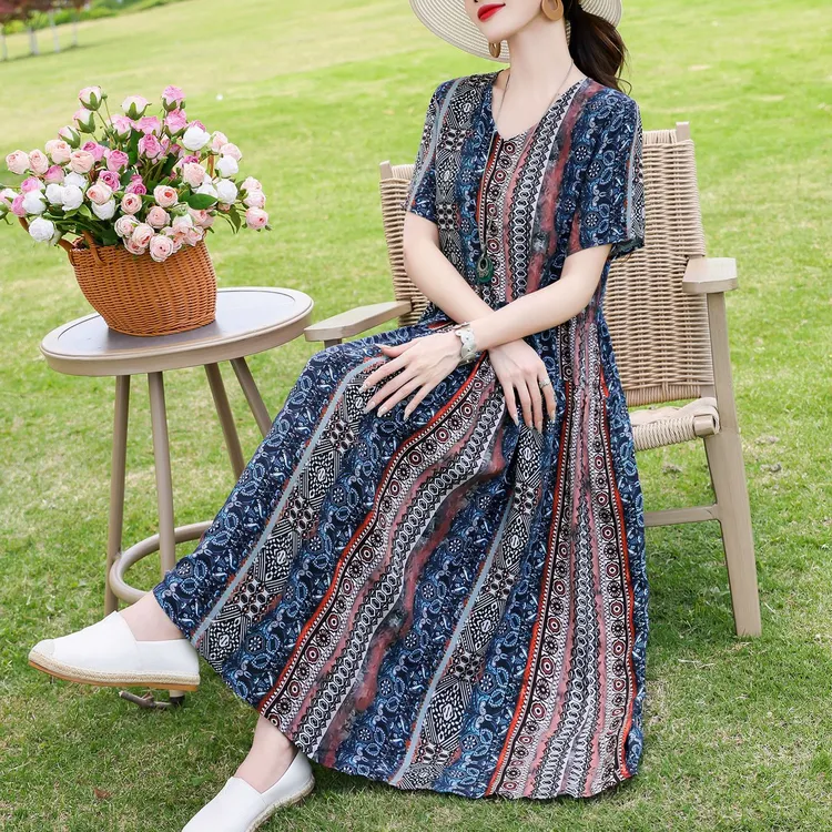 显瘦连衣裙长裙夏季大摆女装大码碎花气质通勤牛仔裤宽松阔腿裤