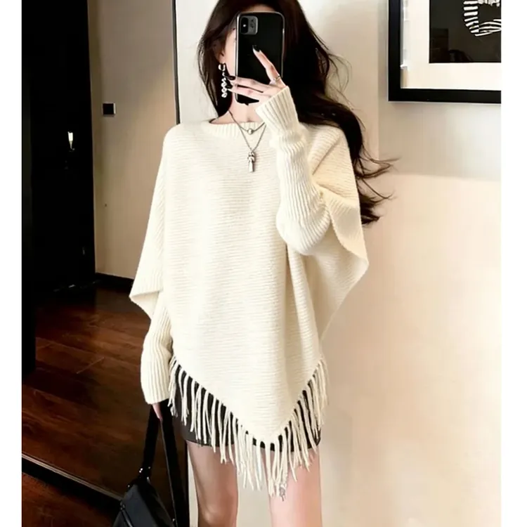 哥弟阿玛施正设计感流苏边不规则针织衫女慵懒风宽松显瘦套头毛衣