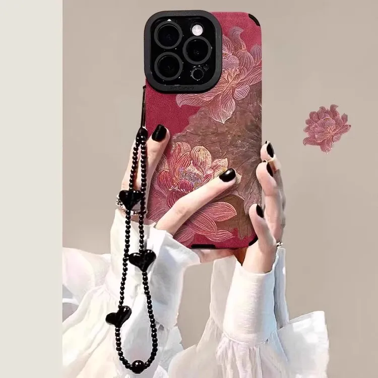 适用苹果16promax手机壳新款iphone15简约红色14翻毛皮13国风荷花