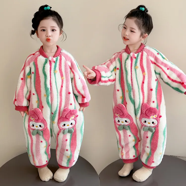 儿童连体睡衣珊瑚绒宝宝秋冬季加绒加厚款法兰绒爬服女童婴儿睡袋