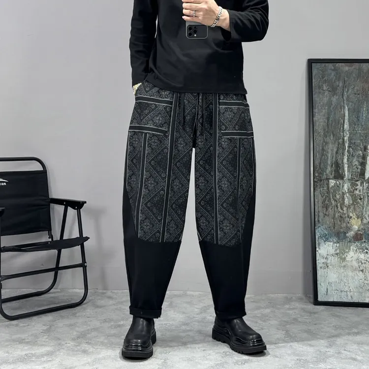 条纹宽松老爹裤民族风发型师休闲裤男秋冬锥形拼接撞色哈伦小脚裤
