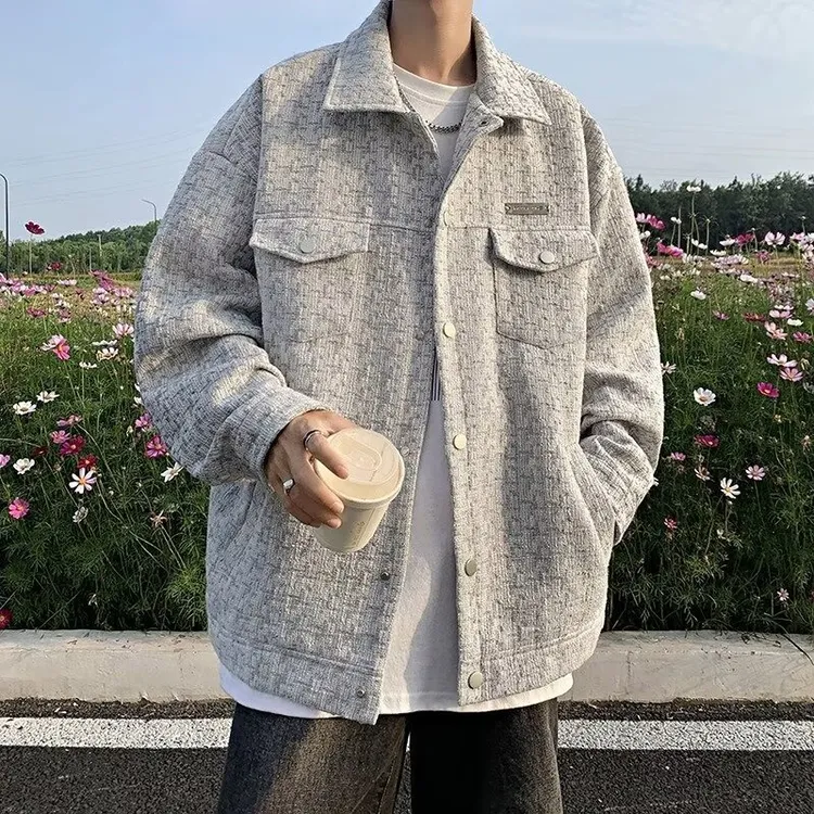 法式小香风外套男装高级感轻奢粗花呢千鸟格工装夹克潮牌痞帅上衣