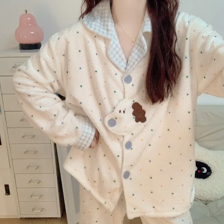 珊瑚绒睡衣女款秋冬季新款加绒加厚波点小狗法兰绒保暖家居服套装