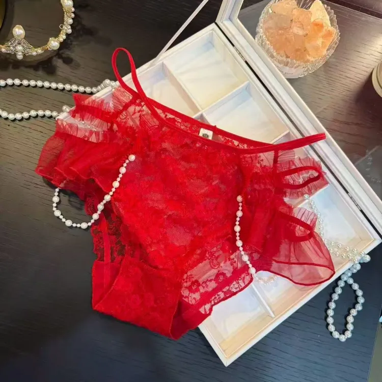 250斤日系甜美蝴蝶结蕾丝镂空网纱透气高腰棉裆女士三角内裤性感