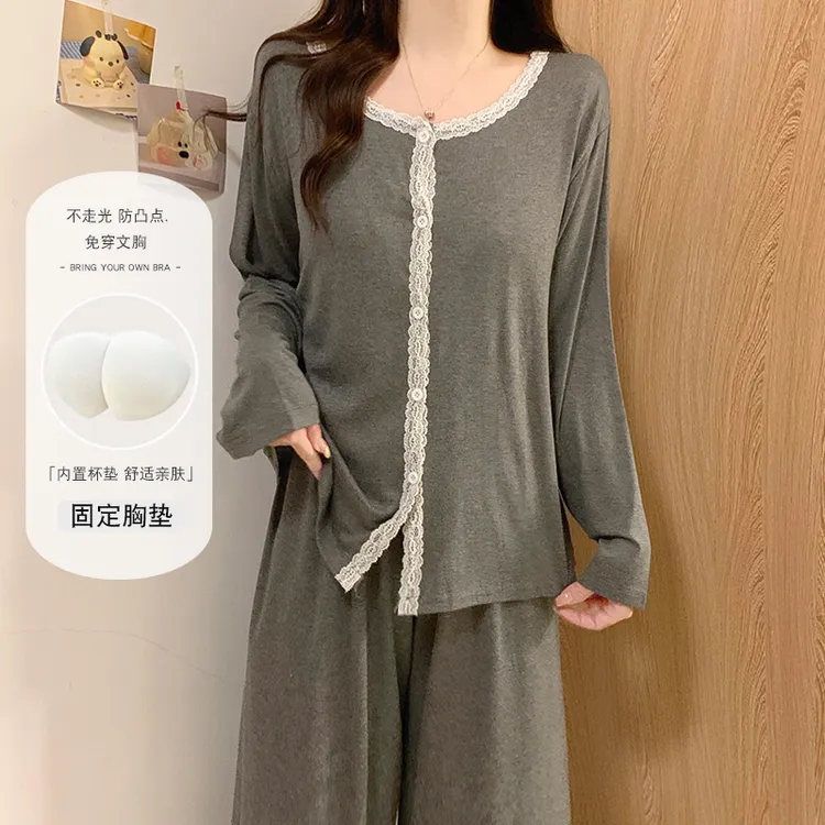 长袖睡衣女款春秋季莫代尔棉夏慵懒风带胸垫防凸点灰色家居服套装