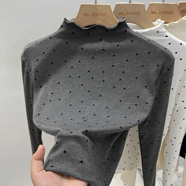 半高领波点长袖t恤女秋冬2025新款木耳边上衣磨毛加绒打底衫内搭