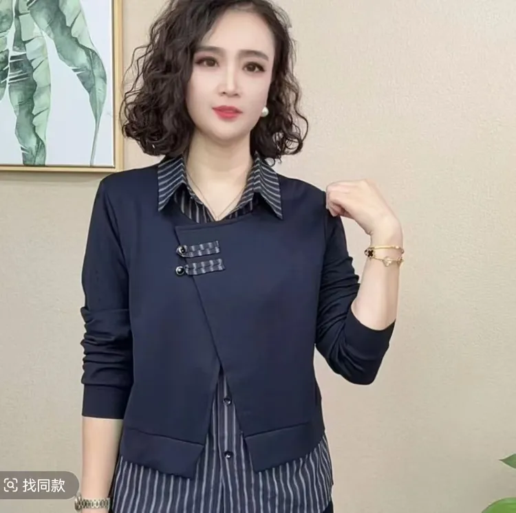 有退货运费补贴）2025年秋季新款气质拼接翻领假两件遮肉显瘦百搭2
