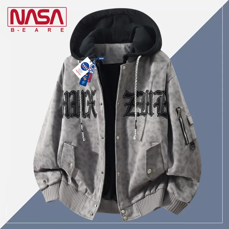 NASA联名美式字母假两件外套男士秋季潮牌撞色连帽工装夹克棒球服