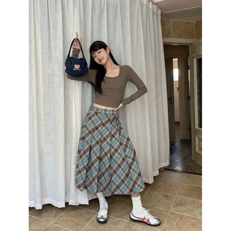 美式复古格子百褶裙女2025新款秋季气质a字半身裙高腰显瘦中长裙