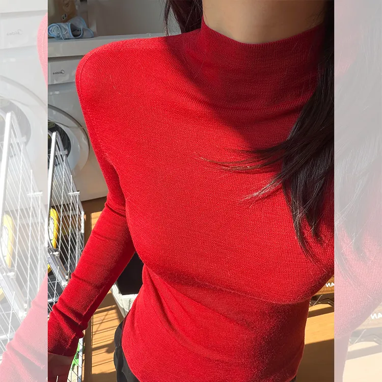法式半高领红色针织衫女秋冬洋气软糯打底内搭精纺羊毛高级感毛衣
