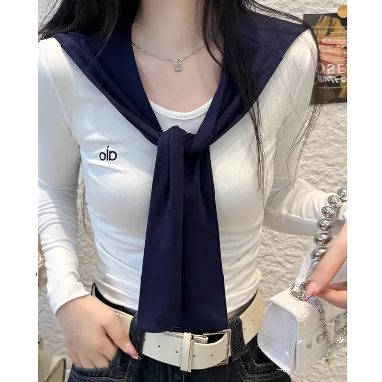 学院风修身T恤女早秋季2025新款披肩别致打底衫内搭白色长袖上衣