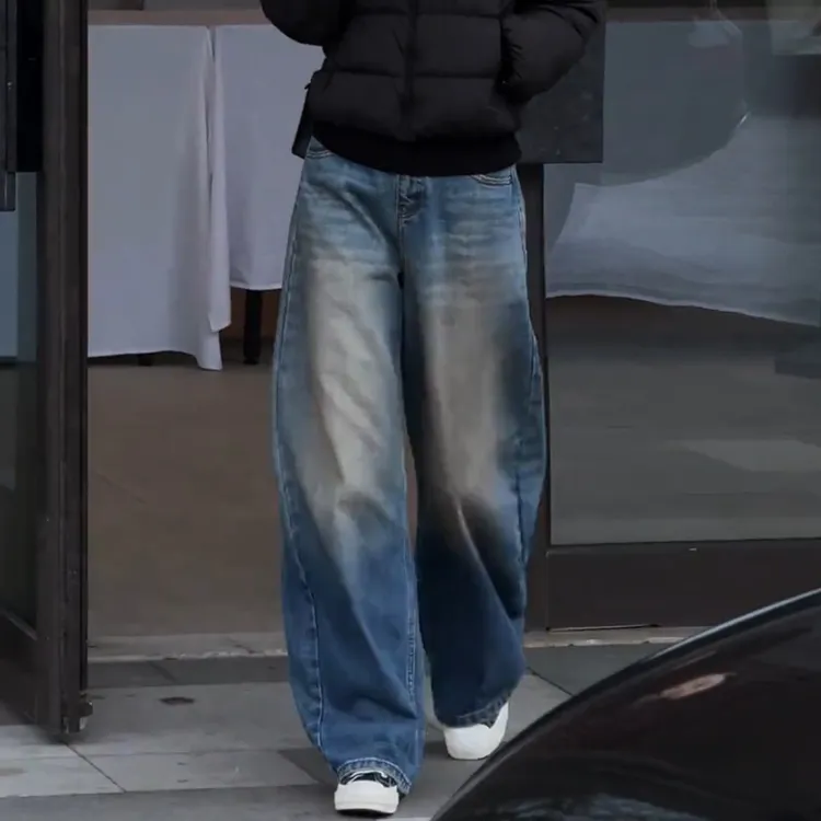 牛仔裤女2025年冬季新款高腰显瘦加绒加厚长裤时尚百搭宽松阔腿裤