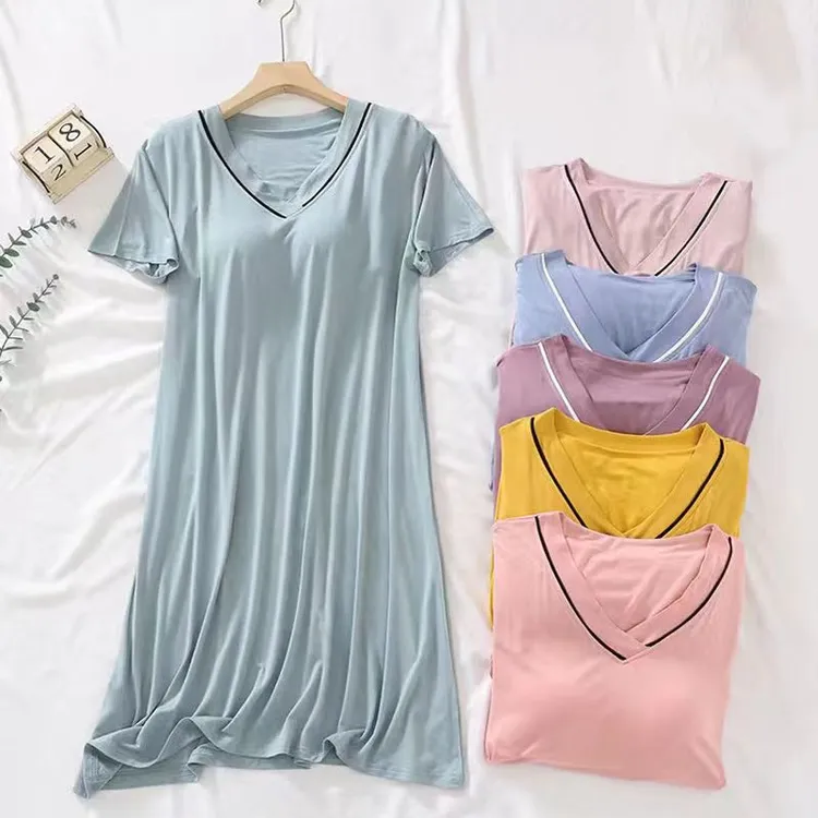 莫代尔自带胸垫女士女家居裙夏季休闲舒适宽松凉快纯色家居服睡衣