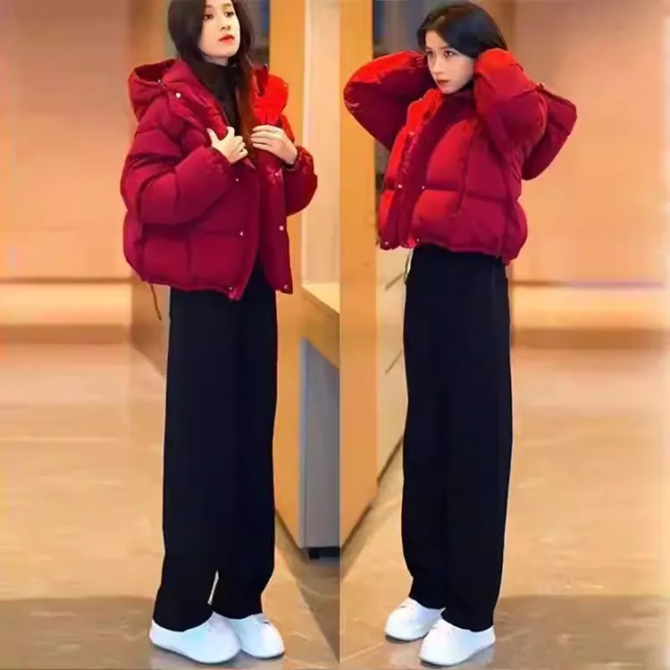 2025超火冬装一整套女装红色时髦保暖连帽棉服休闲裤两件套装