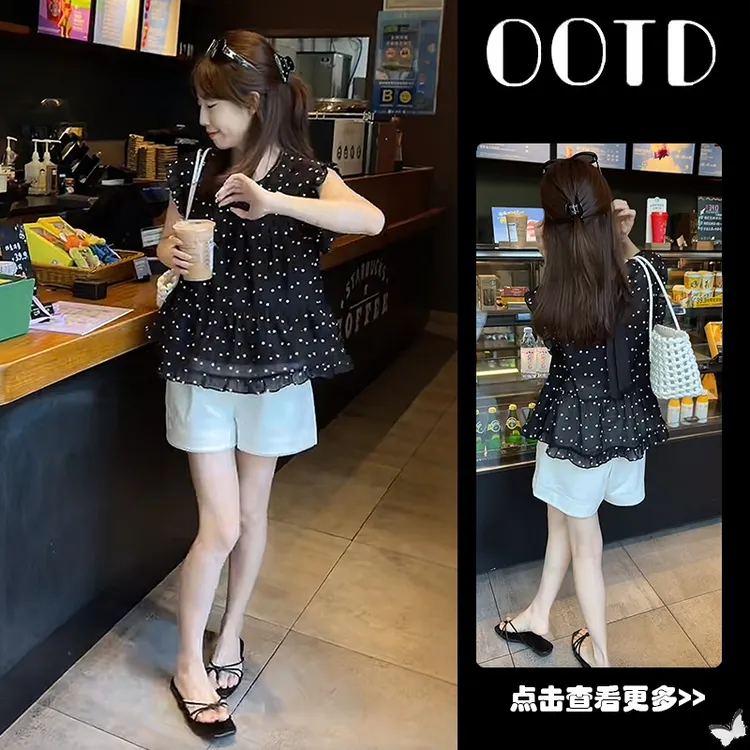 超火夏季穿搭一整套女2025新款韩版木耳边波点衬衫百搭短裤两件套