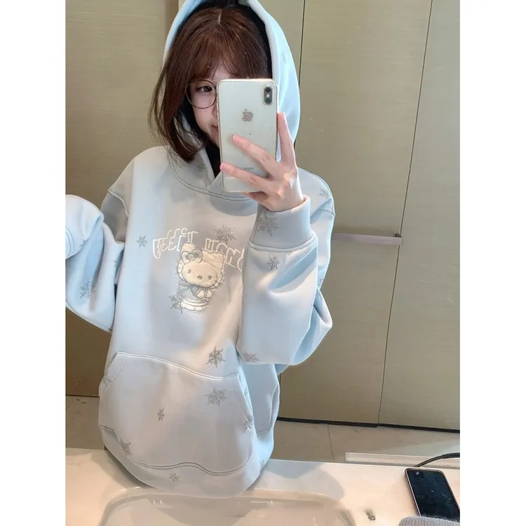 HandSeven美式潮牌圣诞雪花kitty猫连帽卫衣宽松加绒保暖上衣