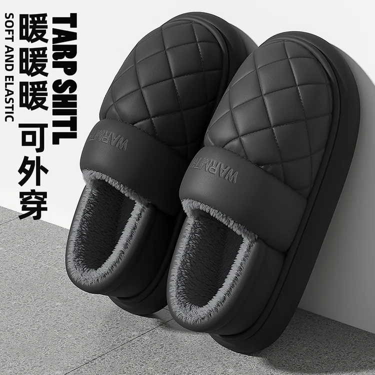 猫力防水棉拖鞋男款冬季保暖包跟防滑居家加绒厚底大码棉鞋男外穿
