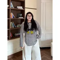 花契“条纹曲调”大码女装秋季百搭200斤胖mm时尚减龄舒适T恤8993-X