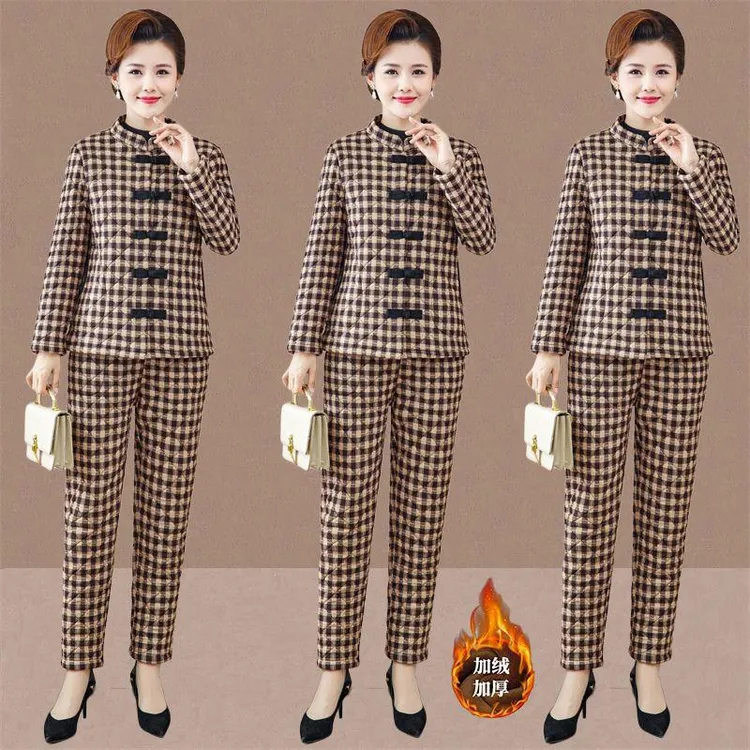 妈妈冬装加绒加厚棉衣套装女洋气中老年保暖棉袄棉裤民族风两件套