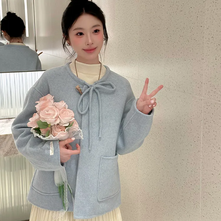 韩版甜美圆领短款双面羊毛毛呢外套女2025春季系带设计感大衣