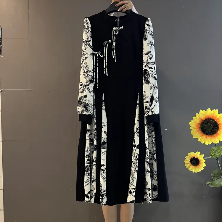 早春新款复古国风印花拼接设计款端庄优雅气质显瘦连衣裙