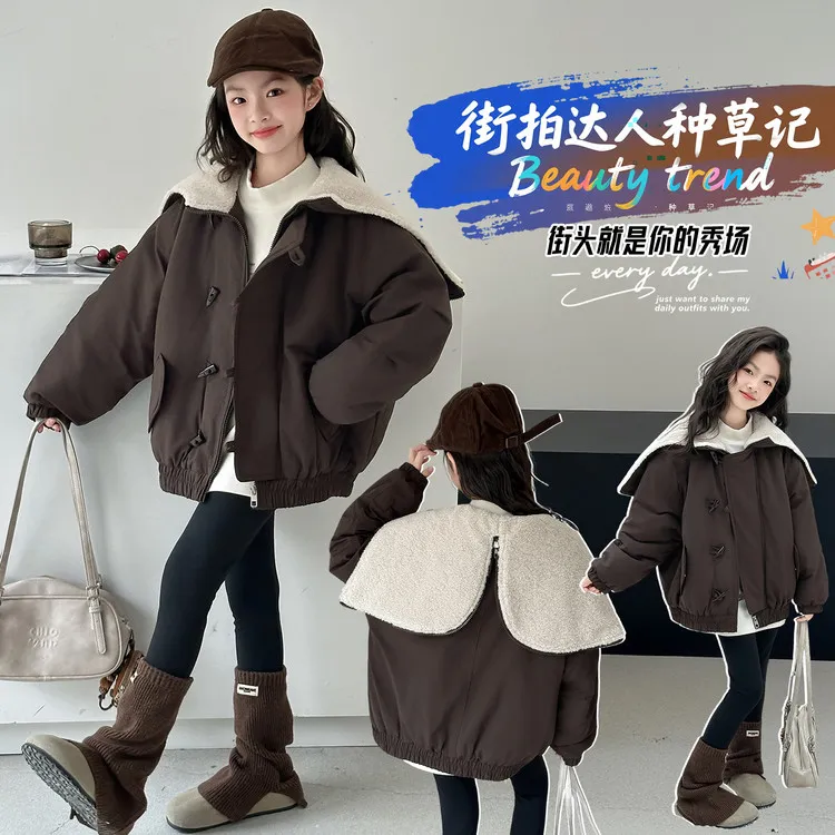 女童秋冬棉衣深秋初冬爆款中大童大翻领夹棉外套女孩韩版洋气冬装