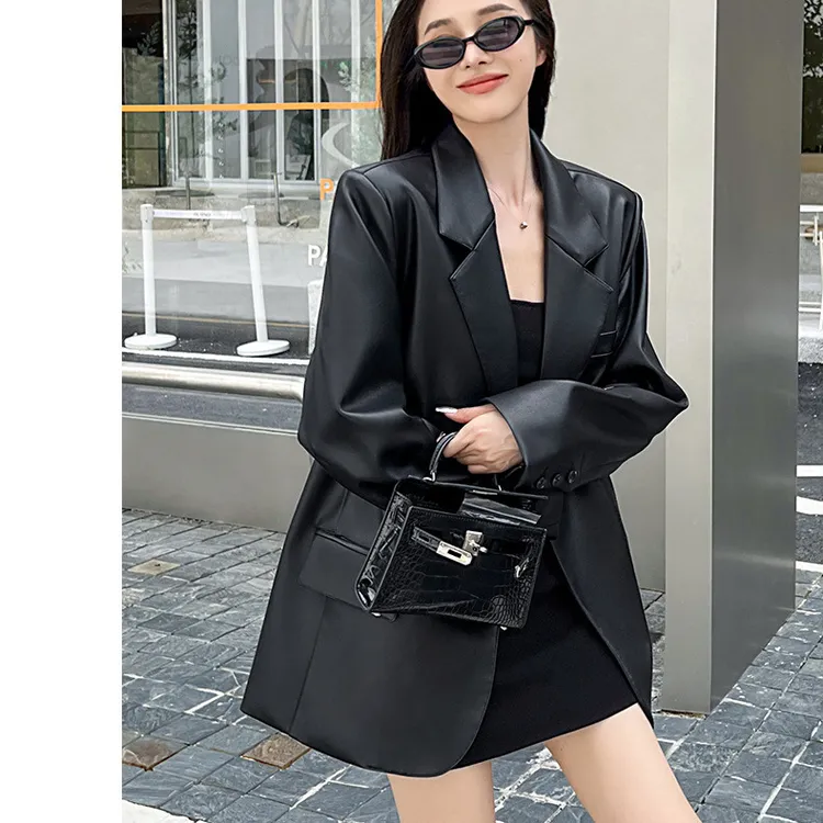 港风皮衣西装外套女2025春秋季新款高级质感炸街宽松休闲PU皮西服