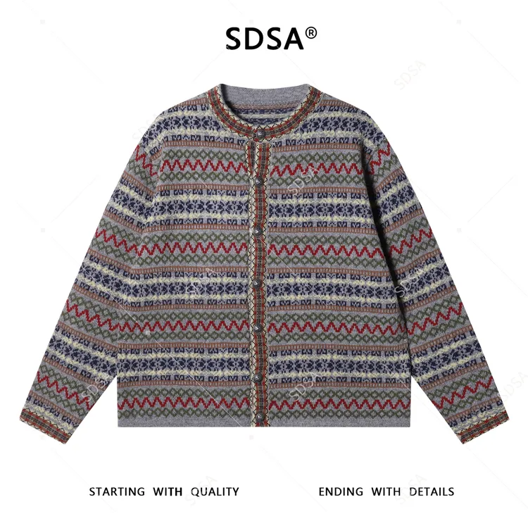 SDSA秋冬新款痞帅男装潮牌民族风提花条纹纽扣开衫圆领毛衣针织衫