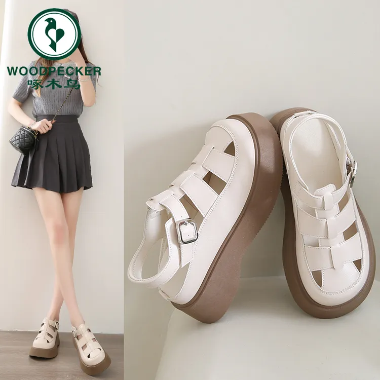 啄木鸟品牌正品厚底罗马凉鞋女夏季软底透气休闲包头猪笼鞋镂空鞋