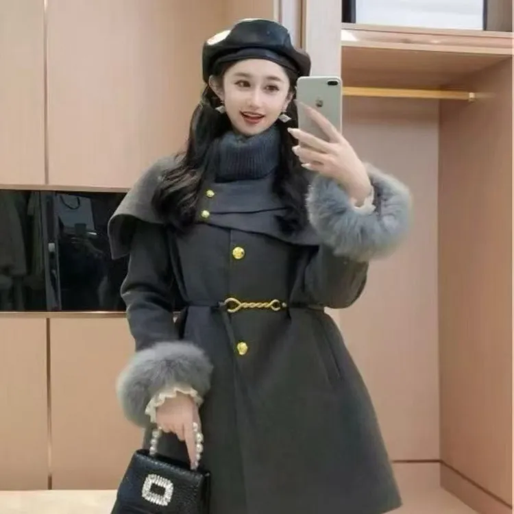 财阀千金风长款加棉加厚呢大衣冬季保暖有腰带设计