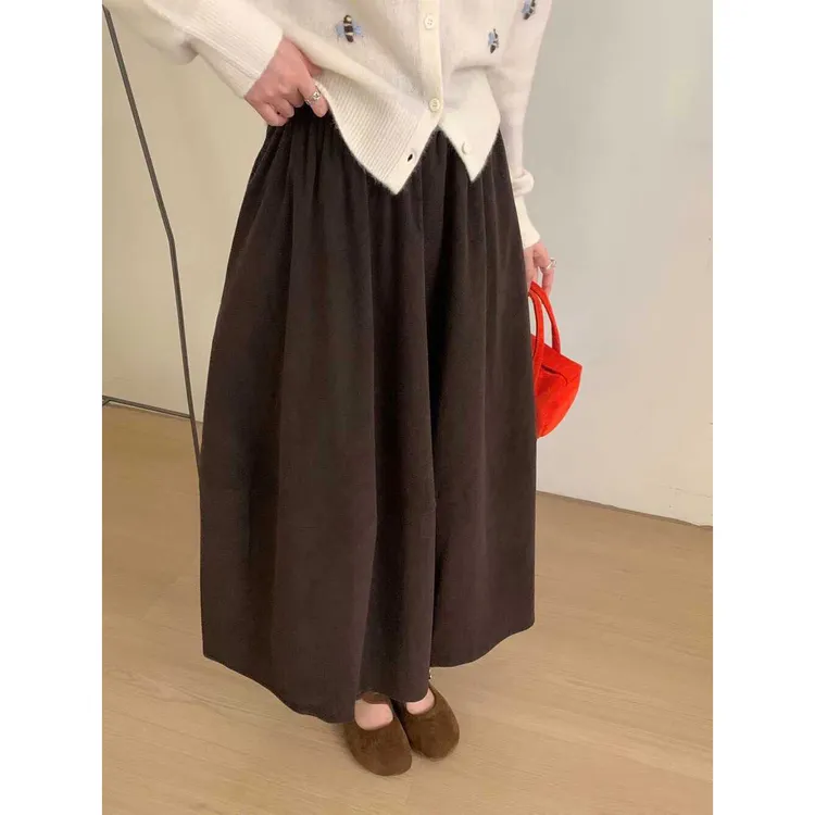 韩版复古时尚弯刀灯芯绒半裙女秋冬款中长款高腰显瘦百搭a字伞裙