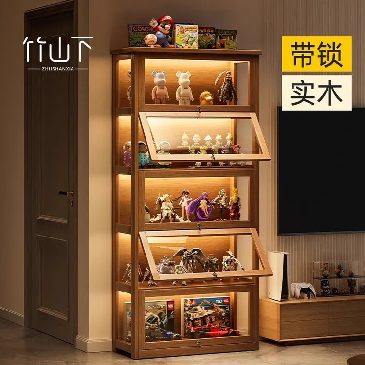 手办展示柜落地式家用带锁防尘模型玩具实木收纳柜大容量透明储物