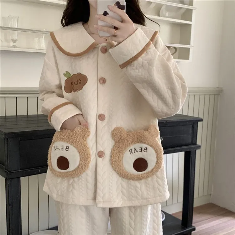 空气棉睡衣女秋冬季保暖甜美翻领卡通宽松休闲可外穿家居服套装