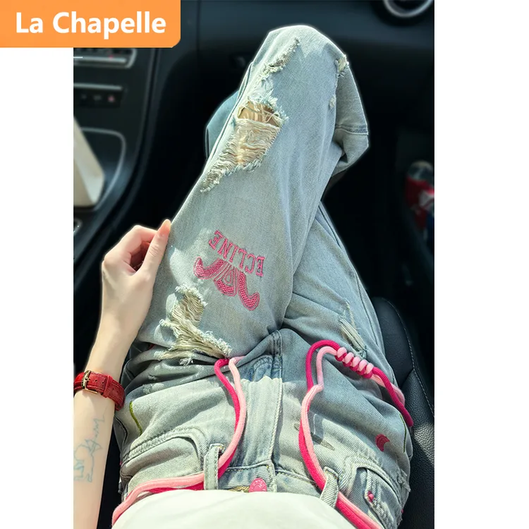 拉夏贝尔时髦潮流休闲牛仔裤女夏季显瘦百搭刺绣破洞牛仔裤直筒裤
