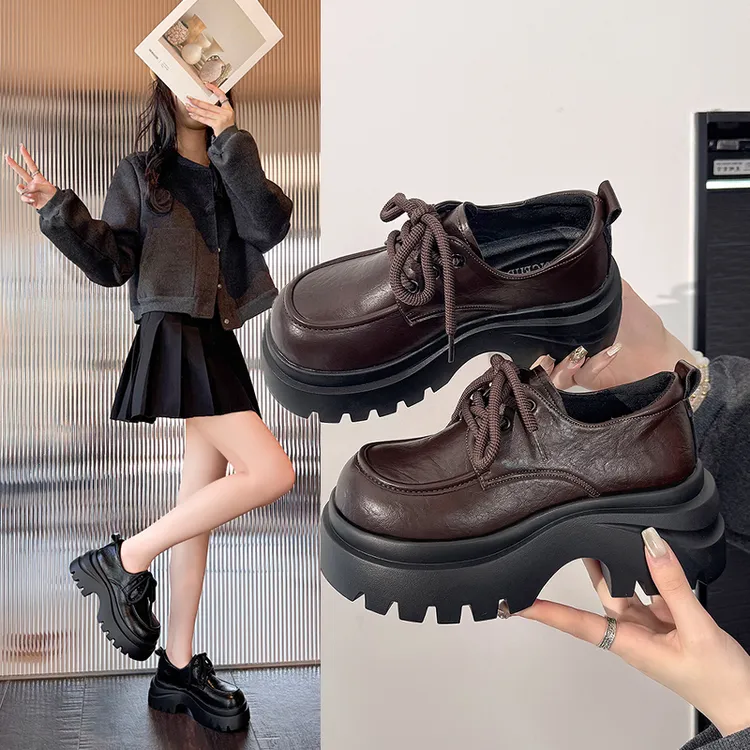 棕色系带小皮鞋女2025秋季新款百搭复古英伦风厚底粗跟配裙单鞋女