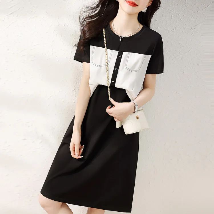 夏季显瘦气质连衣裙时尚假两件拼接黑色洋气女装裙子
