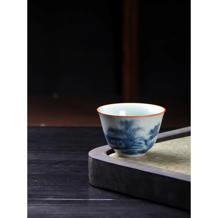 国潮新款釉中彩青花中式汝窑寿桃品茶杯汝瓷个人杯复古品茶道用具