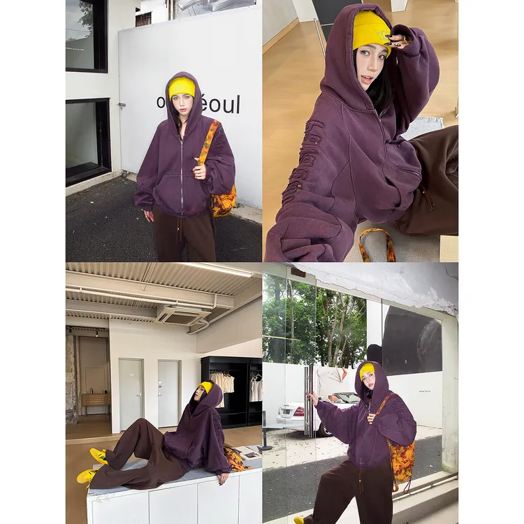 杨九七复古紫色刺绣连帽长袖卫衣外套女秋冬宽松开衫上衣71002