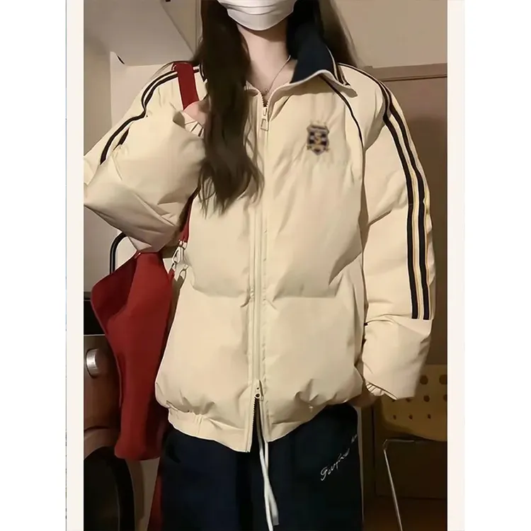 美式复古慵懒风条纹拼接棉服外套女秋冬季新款宽松保暖翻领面包服