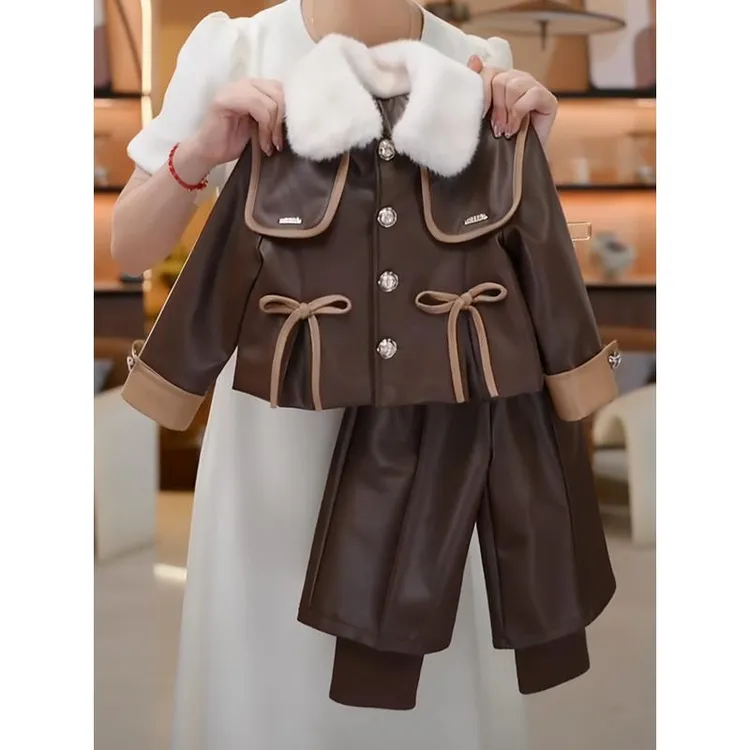 女童毛领皮衣外套2025冬季新款女宝宝加绒加厚保暖洋气时髦两件套