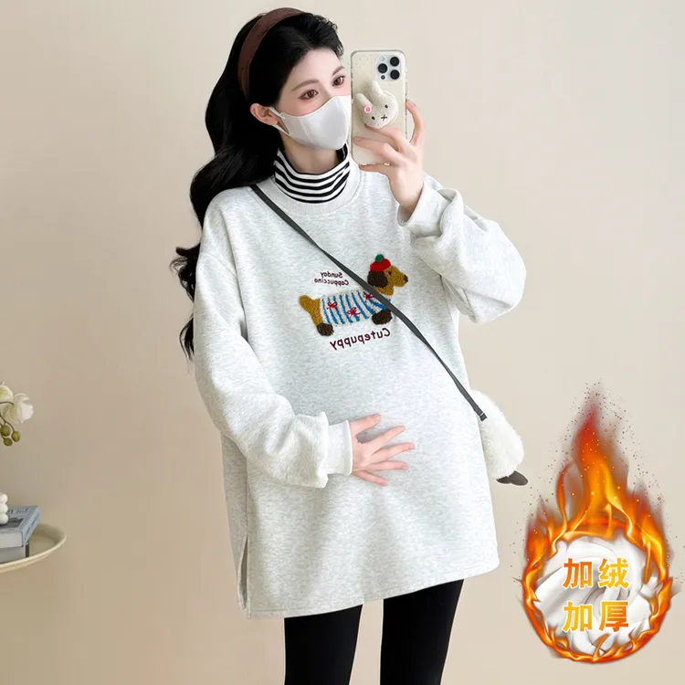 大码孕妇加绒卫衣秋冬中长款拼接高领上衣韩版显瘦胖MM200斤潮妈