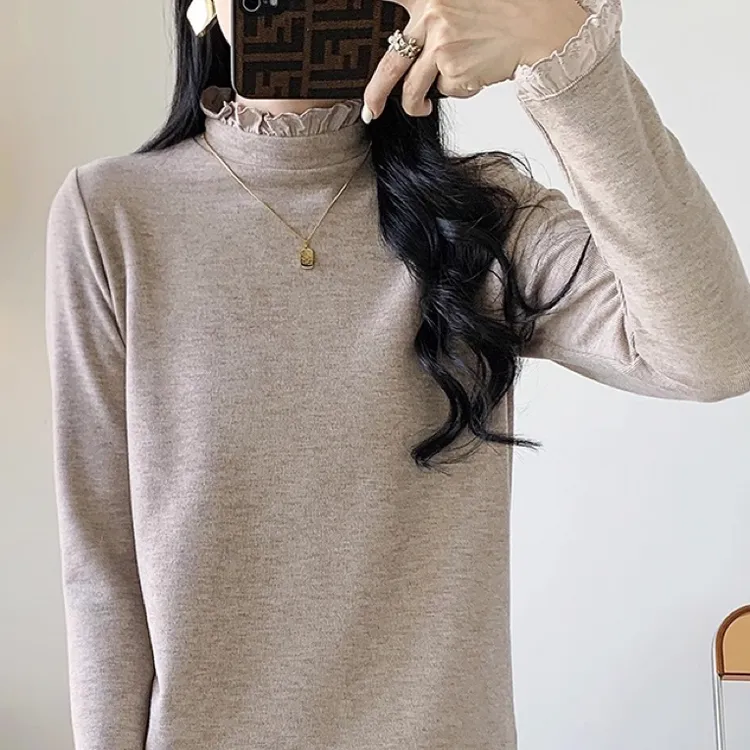 【绵羊绒】甜美刺绣木耳边加绒半高领打底衫女秋冬内搭弹力上衣