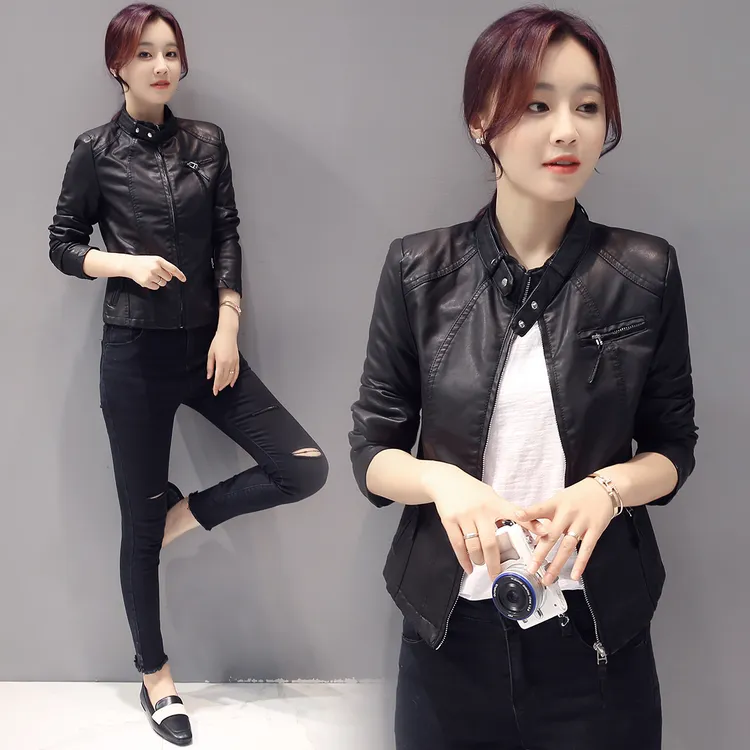 立领短款薄款免烫处理加厚皮衣春季显瘦网红韩版百搭春秋长袖时尚
