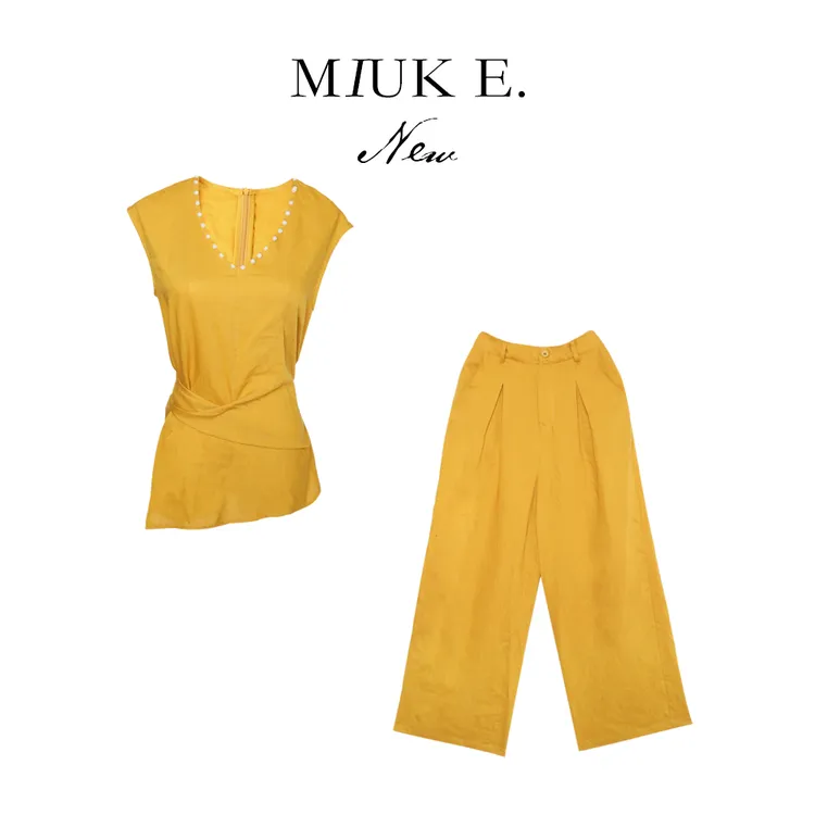 MIUKE 【盛夏之约】25年雨露亚麻夏季轻奢V领套装女上衣裤子两件套
