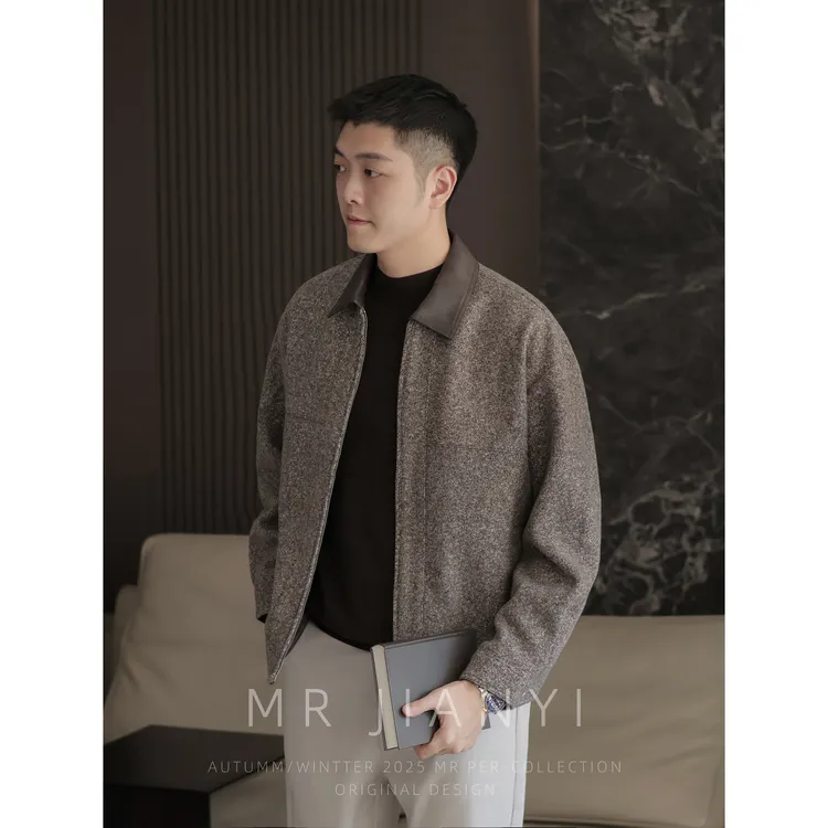 MR JIANYI 秋冬摩登花呢拼pu皮翻领夹克都市型格休闲微廓外套男装