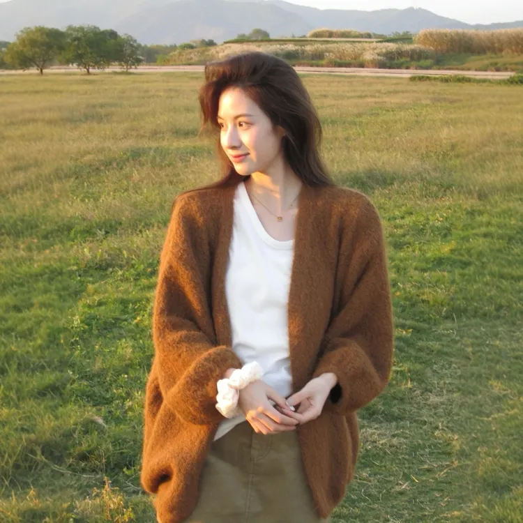 美拉德风毛衣开衫针织披肩高级感秋冬中长款宽松棕色慵懒大外套厚